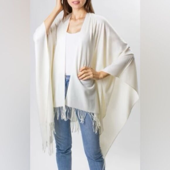 Merona knit white ivory cream shawl cardigan shrug fringe poncho wrap OS - Picture 1 of 6